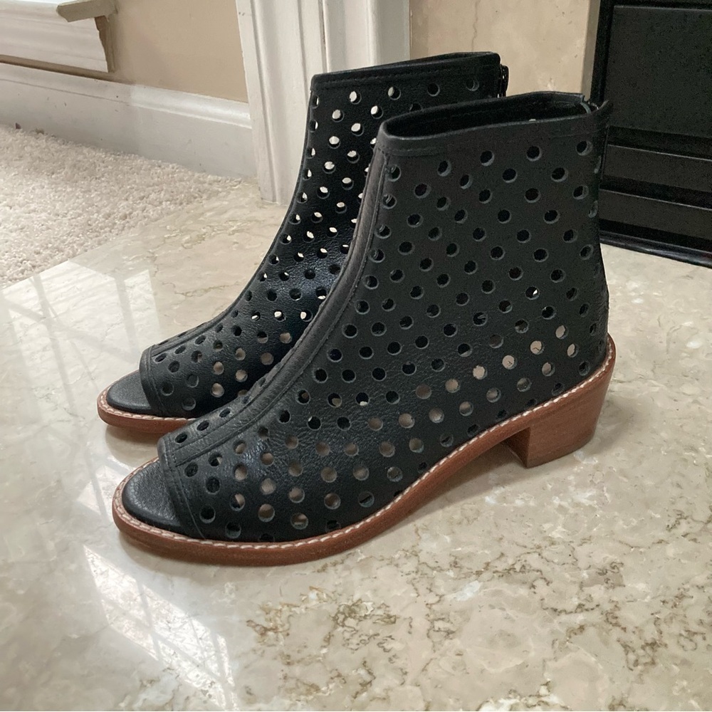 Loeffler Randall lone Black Laser Cut Perforated
Open Toe Ankle Bootie, Size 5.5